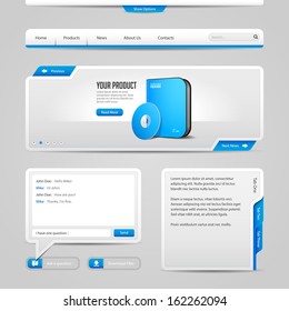 Web UI Controls Elements Gray And Blue On Light Background: Navigation Bar, Buttons, Slider, Message Box, Chat, Menu, Tabs, Input Text Area, Search, Scroll, Download, Tooltip 