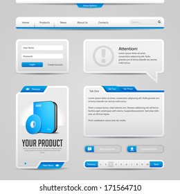 Web UI Controls Elements Gray And Blue On Light Background: Navigation Bar, Buttons, Login Form, Slider, Message Box, Menu, Tabs, Input Area, Search, Scroll, Download, Tooltip, Pagination, Download 