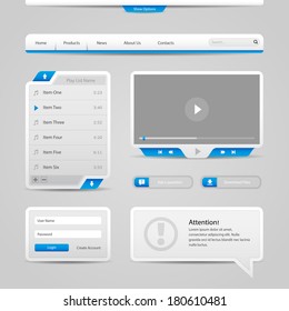 Web UI Controls Elements Gray And Blue On Light Background: Navigation Bar, Buttons, Login Form, Play List, Message Box, Menu, Video Player, Play, Stop, Search, Download, Tooltip 
