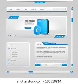 Web UI Controls Elements Gray And Blue On Light Background: Navigation Bar, Buttons, Form, Slider, Message Box, Menu, Tabs, Search, Scroll, Download, Pagination, Download 