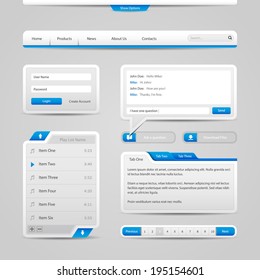 Web UI Controls Elements Gray And Blue On Light Background: Navigation Bar, Buttons, Form, Slider, Message Box, Menu, Tabs, Search, Scroll, Download, Pagination, Chat, Play List