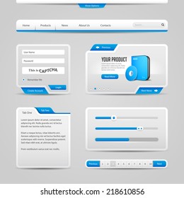 Web UI Controls Elements Gray And Blue On Light Background: Navigation Bar, Buttons, Form, Slider, Message Box, Menu, Tabs, Search, Scroll, Download, Pagination, Volume, Equalizer, Loader, Progress 