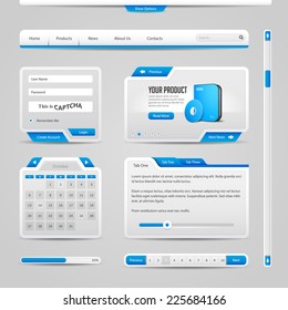 Web UI Controls Elements Gray And Blue On Light Background: Navigation Bar, Buttons, Form, Slider, Message Box, Menu, Tabs, Search, Scroll, Download, Pagination, Calendar, Equalizer, Loader, Progress 