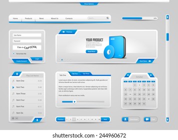 Web UI Controls Elements Gray And Blue: Navigation Bar, Buttons, Form, Slider, Menu, Tabs, Search, Scroll, Download, Pagination, Calendar, Equalizer, Loader, Progress, Captcha, Calendar, Login Form