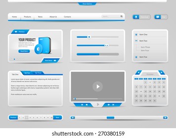 Web UI Controls Elements Gray And Blue: Navigation Bar, Buttons, Form, Slider, Menu, Tabs, Search, Scroll, Download, Pagination, Calendar, Equalizer, Progress, Video Player, Calendar, Login Form