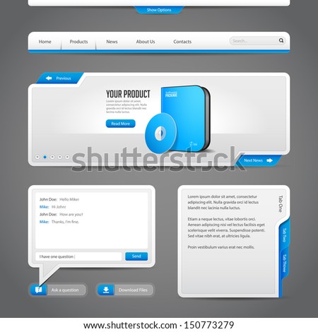 Web UI Controls Elements Gray And Blue On Dark Background: Navigation Bar, Buttons, Slider, Message Box, Chat, Menu, Tabs, Input Text Area, Search, Scroll, Download, Tooltip