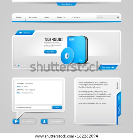 Web UI Controls Elements Gray And Blue On Light Background: Navigation Bar, Buttons, Slider, Message Box, Chat, Menu, Tabs, Input Text Area, Search, Scroll, Download, Tooltip 