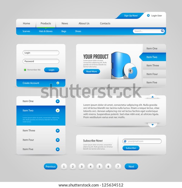 Web Ui 控制元素灰色和蓝色1 导航栏 按钮 滑块 消息框 分页 菜单 手风琴 标签 登录表单 搜索 订阅 菜单库存矢量图 免版税