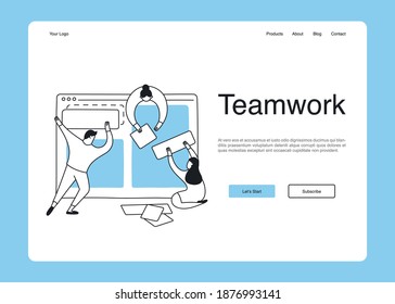 Web UI element for a design agency homepage, prototyping process, creation of the website interface. A team of designers and developers construct an interface from blocks. Flat clean line vector