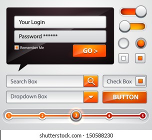 Web UI Elements Design. Buttons, Switches, search bar, power buttons, sliders, login, check box, password. Vector set. 