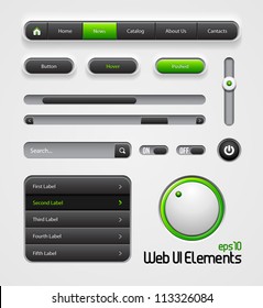 Web UI Elements Design Gray Green: Navigation Bar, Menu, Slider, Scroller, Equalizer, Volume, Button, Power, On, Off, Search, Website Elements