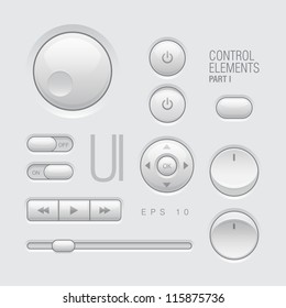 Web UI Elements Design Gray. Buttons, Switches, bars, power buttons, sliders one