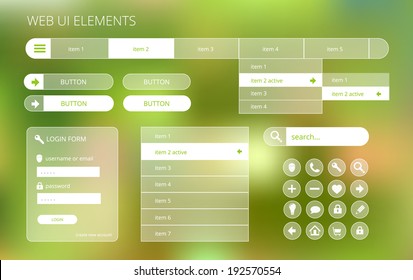 web ui elements suitable for flat design, transparent on green blurry background, vector illustration, eps 10 with transparency and gradient mesh