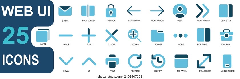 web ui icon set.duo tone style. contains down arrow, up arrow, print, history, restore, top panel, maximize, full screen, cellphone. for web and ui graphics,vector collection.