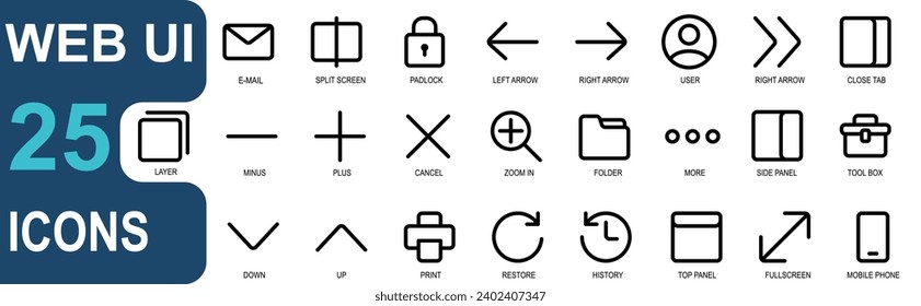 web ui icon set.simplea outline style. contains email, split screen, padlock, arrow, back, next, user, profile, forward, slide screen, duplicate. vector graphics collection. suitable for UI and websit