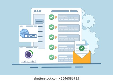 Web UI Interface. Data analysis, SEO Optimization dashboard and business financial report. PC or website SEO investment screen. Technology Analysis KPI Data Dashboard. Flat Vector Illustration.