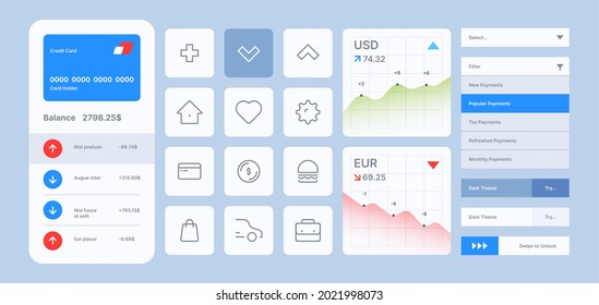 Web ui kit. Digital creativity graphics templates for online web navigation menu dividers search bars buttons user modern icons garish vector infographic