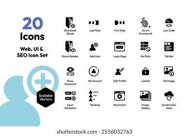 Web, UI and SEO Icon Collection: Secure Login, User Profiles, and Digital Tools