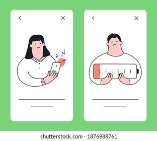 Web UI set with a girl that holds a mobile phone and a man with the discharged battery. Cute cartoon elegant elements for website, banner, or app. Outline vector design.