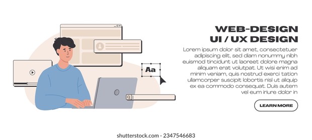 Plantilla de banner web de diseño de Web UI UX. Trabajador independiente en el trabajo creando contenido. Desarrollo de sitios web. Negocios en línea, marketing, comunicación. Administrador de contenido trabajando en laptop. Ilustración plana vectorial.