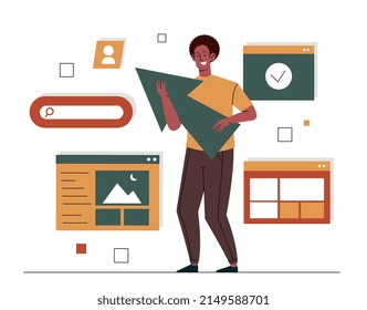 Web UI UX design concept. Young creative man holds mouse cursor in his hands and develops stylish user interface layout for website or application. Cartoon contemporary flat vector illustration