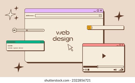 Web UI UX design. Web design concept banner in retro style. Studio prototyping or coding web page or mobile app. Online application design, coding, programming and web building. Vector illustration.