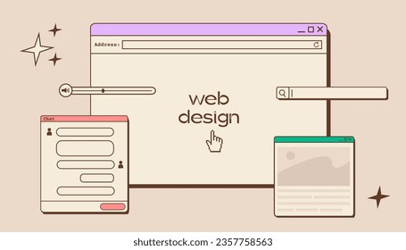 Web UI UX design. Web design concept banner in retro style. Studio prototyping or coding web page or mobile app. Online application design, coding, programming and web building. Vector illustration.