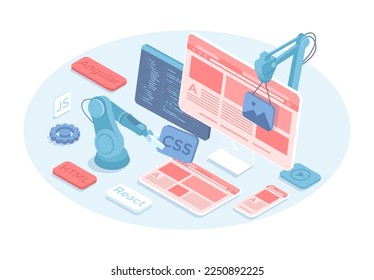 Web ui ux design. Creation of the user interface for a mobile application, tablet and monitor screen. Vector illustration in 3d design. Isometric web banner.	
