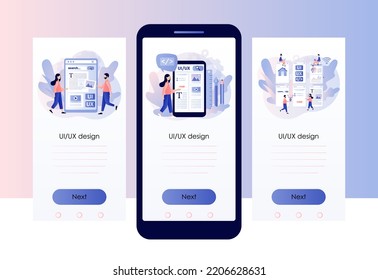 Web UI UX Design. Mobile App-Entwicklung, Anwendungsdesign, Programmierung, Web-Building-Konzept. Bildschirmvorlage für mobile Smartphone-App. Moderner, flacher Cartoon-Stil. Vektorgrafik