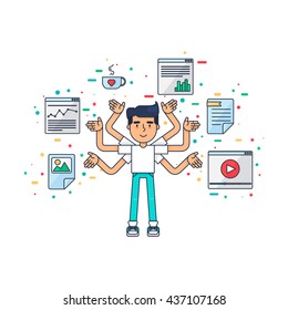 Web UI UX Designer with cup,design, seo, web tools for app, page, template, document, framework. Creative employee with many hands is working on application, programming, website development. Vector