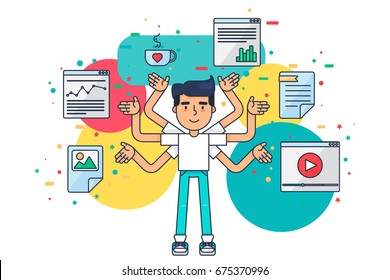 Web UI UX Designer with cup,design, seo, web tools for app, page, template, document, framework. Creative employee with many hands is working on application, programming, website development. Vector