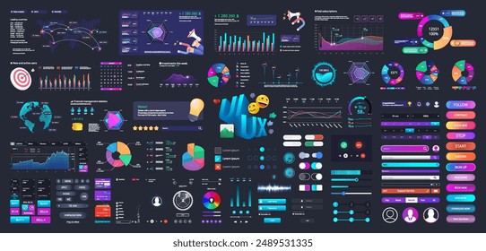 Web, UI, UX graphic elements set for mobile app, dashboard, web design. Neon interface - slider, search, loading bars, buttons, graphs, charts, diagrams. UI, UX graphic box. Vector User interface set