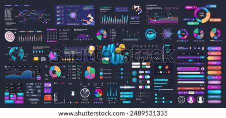 Web, UI, UX graphic elements set for mobile app, dashboard, web design. Neon interface - slider, search, loading bars, buttons, graphs, charts, diagrams. UI, UX graphic box. Vector User interface set