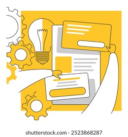 Web UI and website development using worker hands - metaphoric concept, in thin line and yellow color