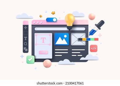 Web UI-UX design, web development concept. Web design, application design, coding, and web building on white background. 3d Vector Illustration