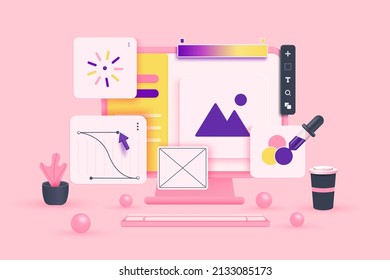 Web UI-UX design, web development concept. Web design, application design, coding, and web building on white background. 3d Vector Illustration