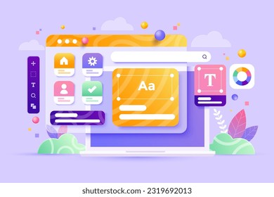 Web UI-UX design, web development concept. Web design, application design, coding, and web building on pastel purple background. 3d Vector Illustration