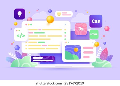 Web UI-UX design, web development concept. Web design, application design, coding, and web building on blue background. 3d Vector Illustration