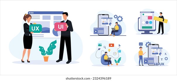 Web UI-UX design, web development concept. Web design, application design, coding, and web building on blue background.	