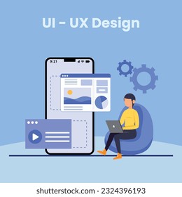 Diseño de UI-UX Web, concepto de desarrollo web. Diseño web, diseño de aplicaciones, codificación y construcción web sobre fondo azul.	