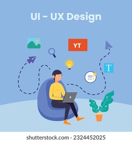 Web UI-UX design, web development concept. Web design, application design, coding, and web building on blue background.	