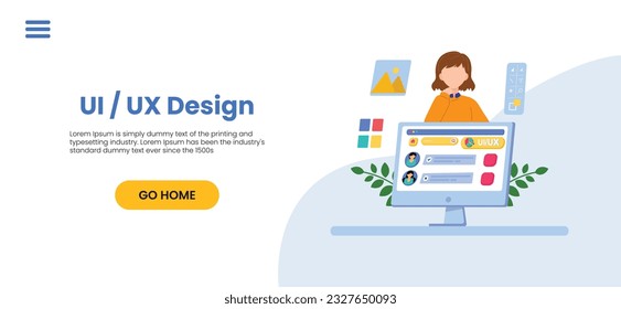 Web UI-UX design, web development concept. Web design, application design, coding, and web building on blue background. Vector Illustration	