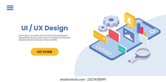 Web UI-UX design, web development concept. Web design, application design, coding, and web building on blue background. Vector Illustration	