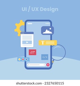 Web UI-UX design, web development concept. Web design, application design, coding, and web building on blue background. Vector Illustration	