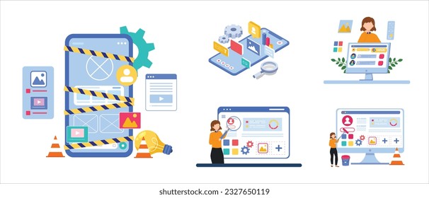 Web UI-UX design, web development concept. Web design, application design, coding, and web building on blue background. Vector Illustration	