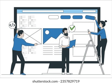 Web UI-UX design, web development concept. Web design, application design, coding, and web building. Vector Illustration. A set of tools for creating UI UX. UI UX development. 2450