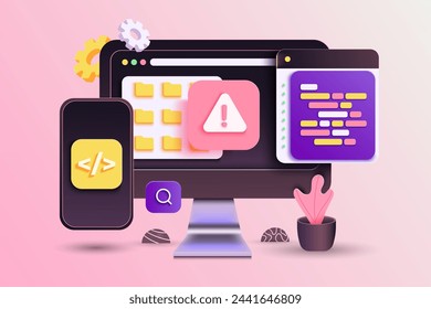 Web UI-UX design, web development concept. Web design, application design, coding, and web building on pink background. 3d Vector Illustration