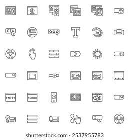 Conjunto de iconos de línea de diseño UI-UX de Web. colección de símbolos de estilo lineal, paquete de signos de contorno. Gráficos de Vector de desarrollo de Web. El conjunto incluye íconos como barra de búsqueda del navegador de Web, interfaz de usuario, menú de navegación