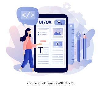 Diseño de interfaz de usuario-UX Web. Desarrollo de aplicaciones móviles, diseño de aplicaciones en línea, codificación, concepto de construcción web. Estilo moderno de dibujos animados planos. Ilustración del vector sobre fondo blanco
