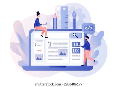 Web UI-UX design. Mobile app development online, application design, coding, web building concept. Modern flat cartoon style. Vector illustration on white background
